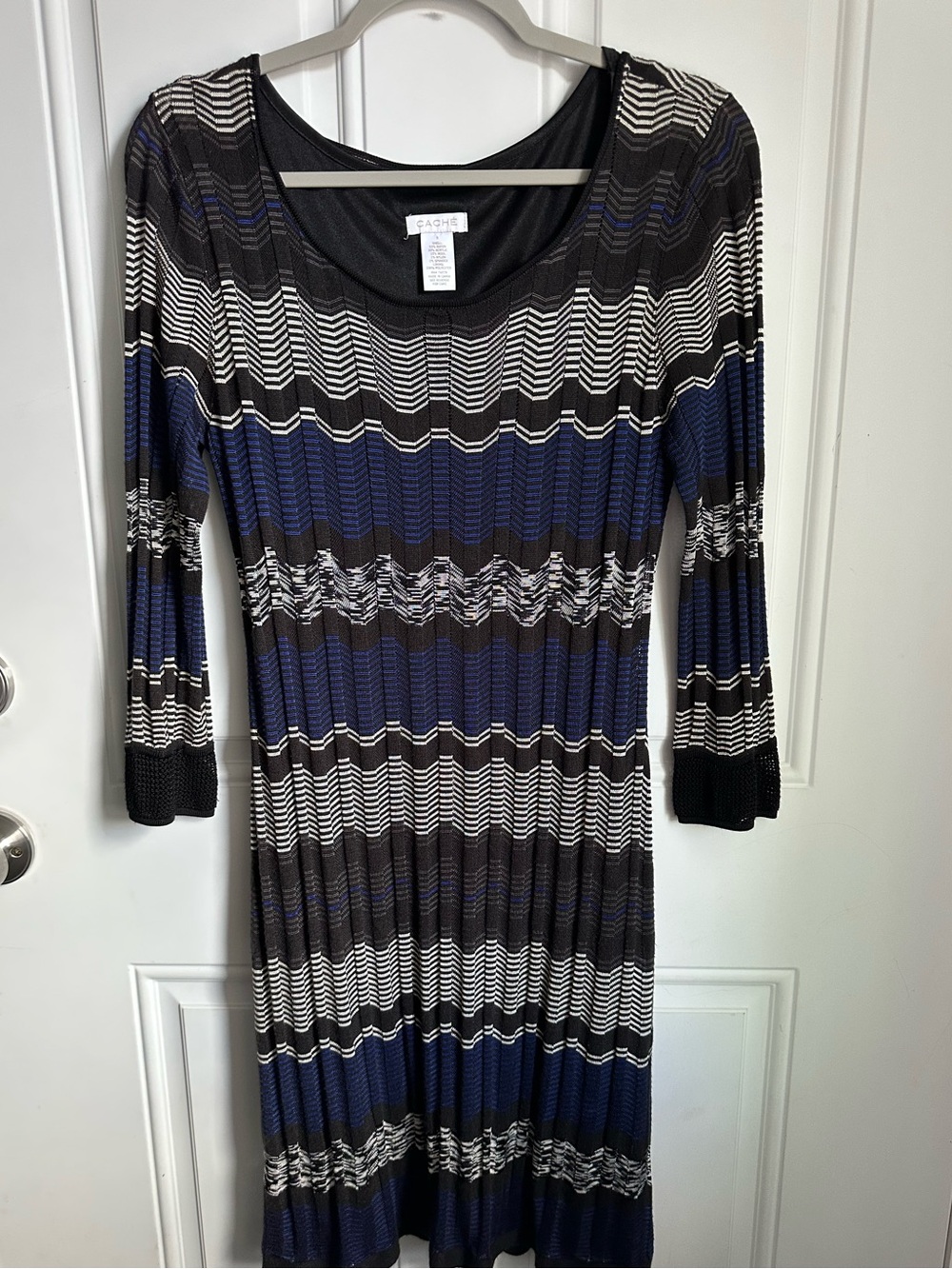 Cache Striped Knit Midi Dress in Navy, Black & White 3/4 Sleeve Women’s Size S